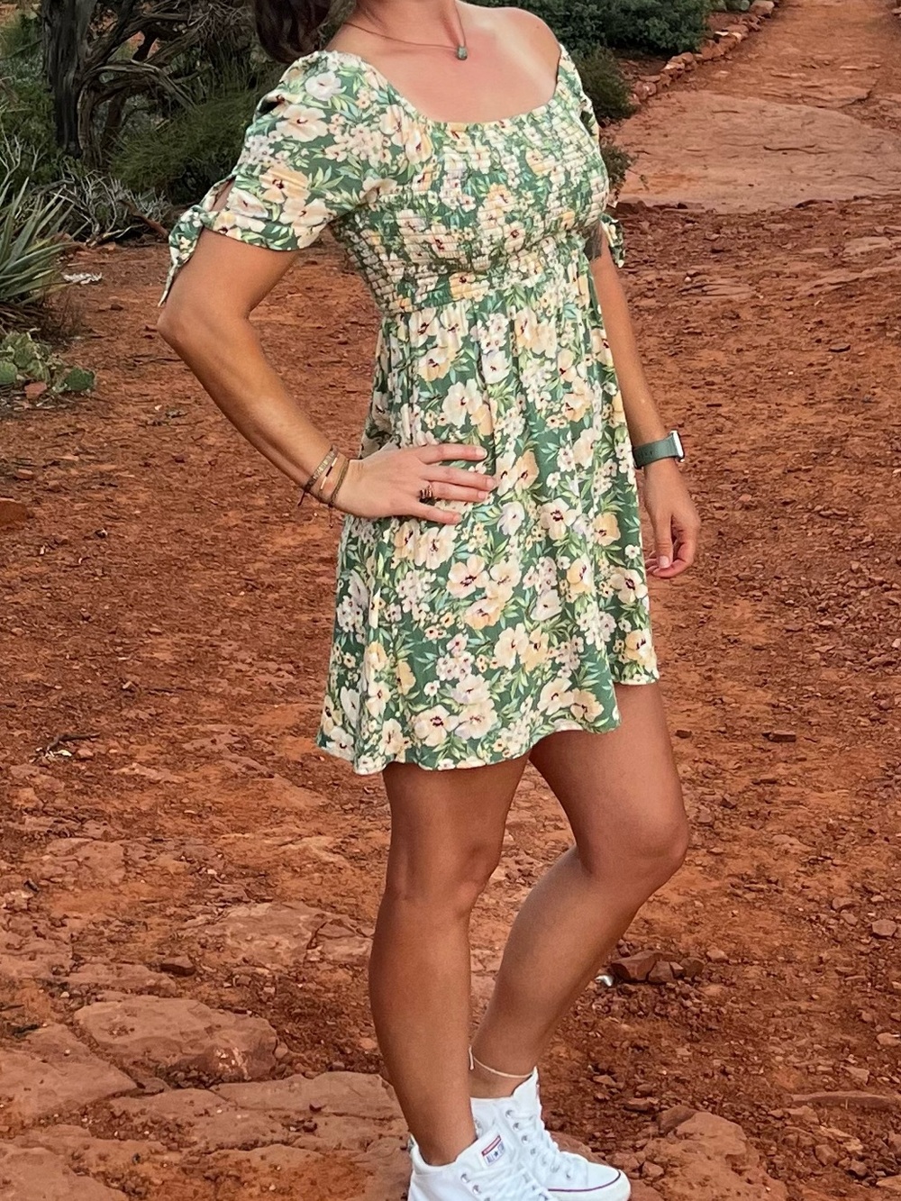 American Eagle Outfitters Green and Pink/cream Textured dress